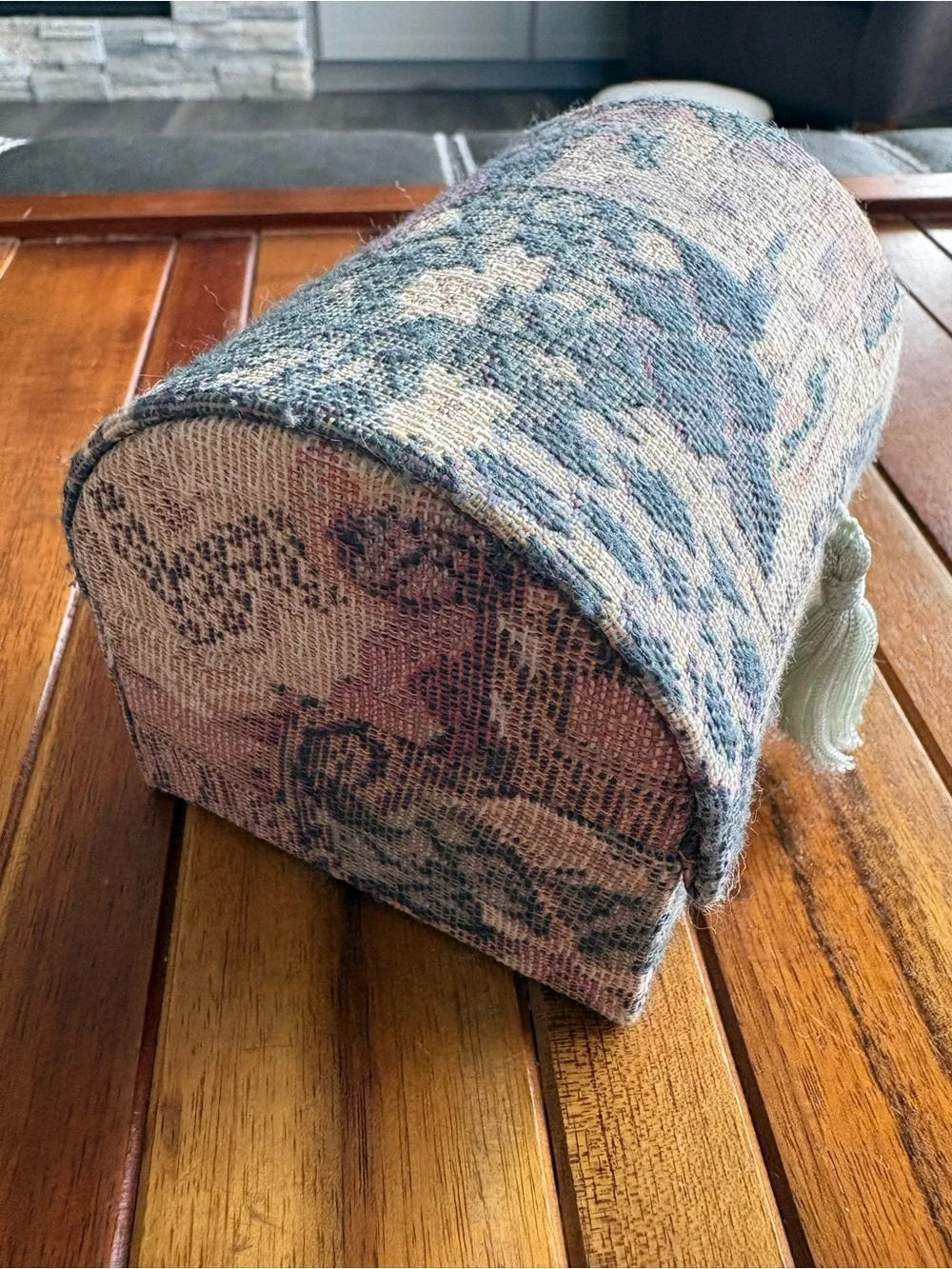 Vintage Tapestry Jewelry Box with Pattern and Tassel Closure